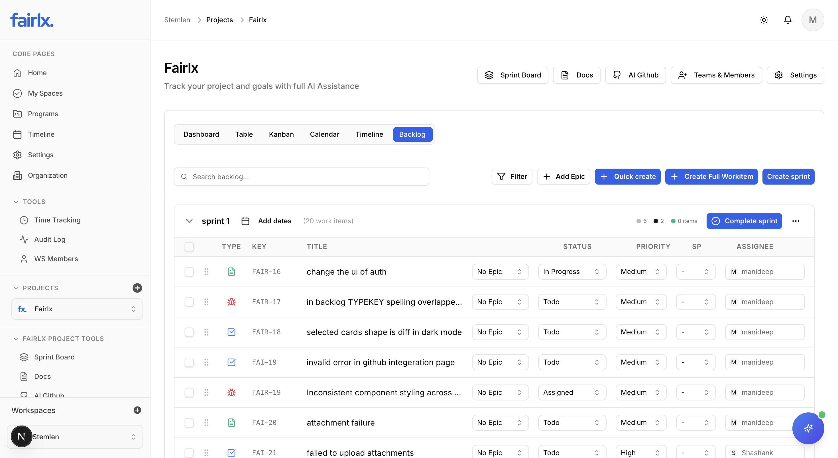 Epics, Work Items & Sub-Tasks Page visualization