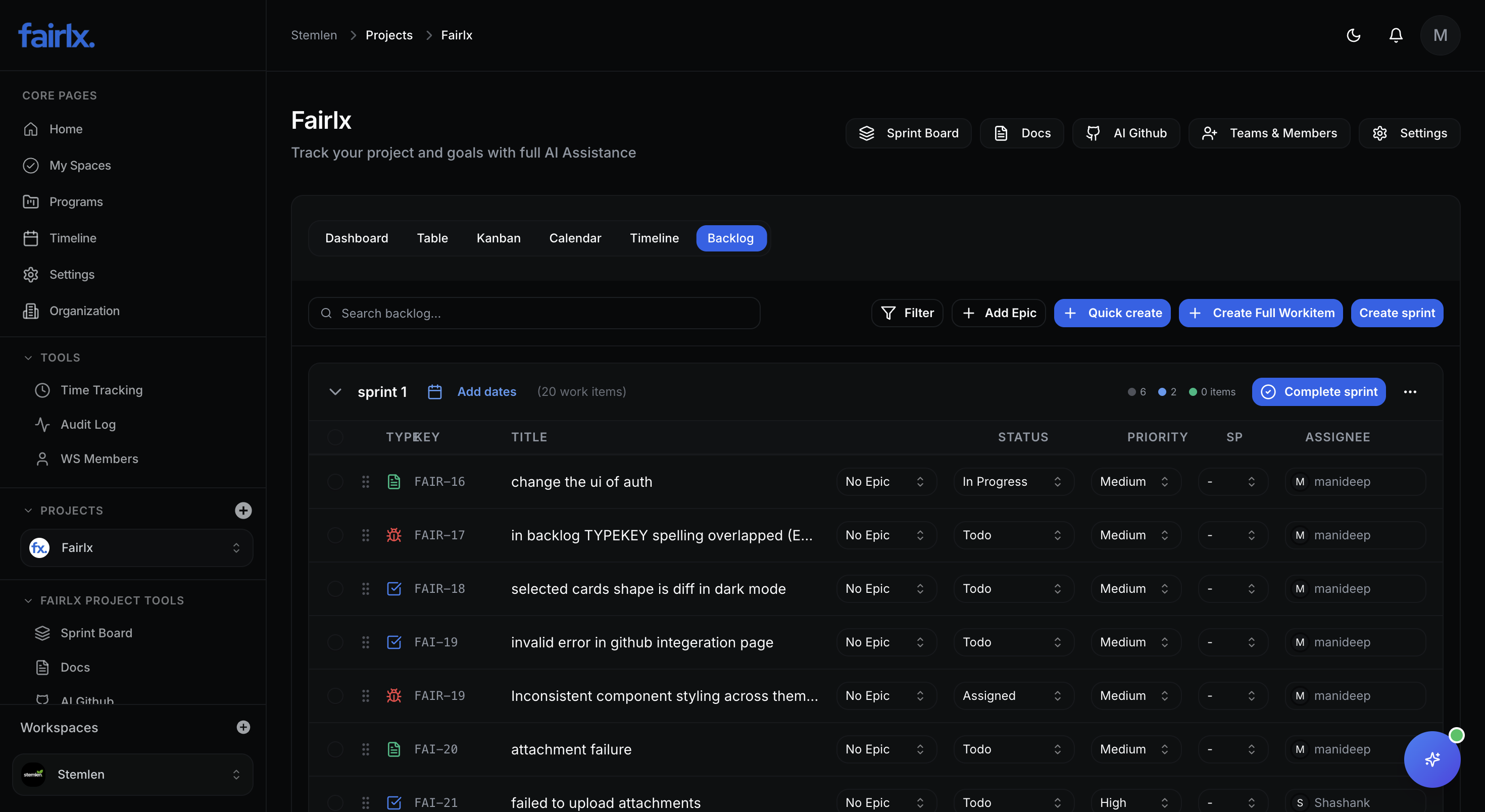 Epics, Work Items & Sub-Tasks Page visualization