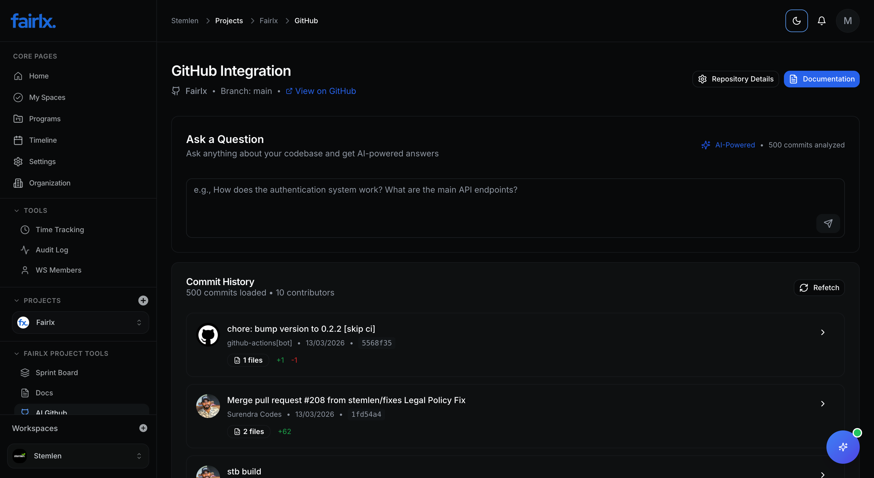 GitHub Integration Interface - Dark Mode