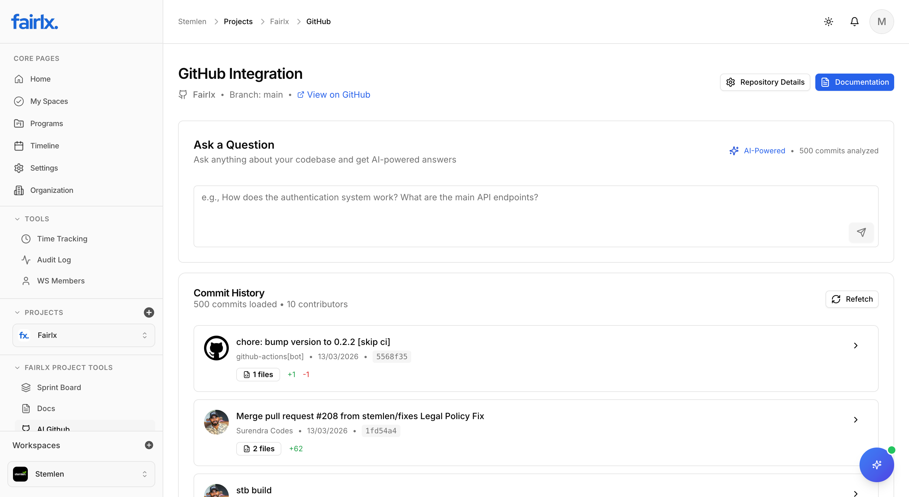 GitHub Integration Interface - Light Mode