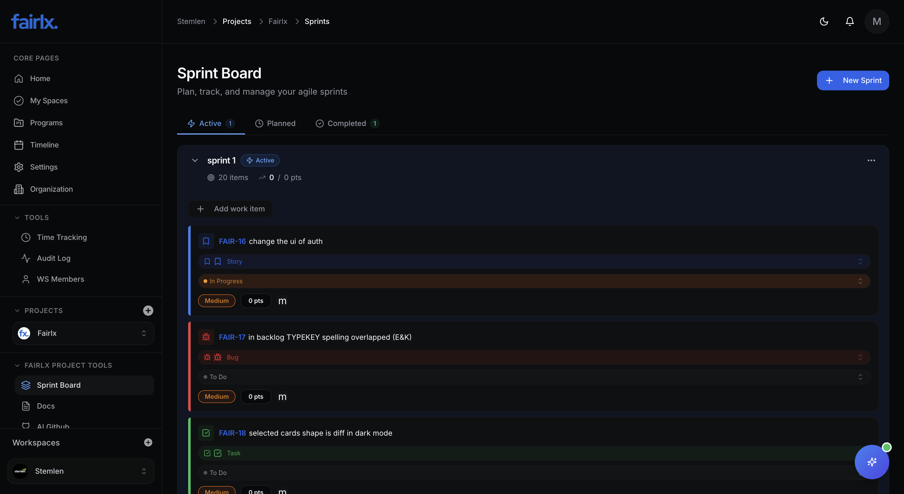 Sprint Board Interface - Dark Mode