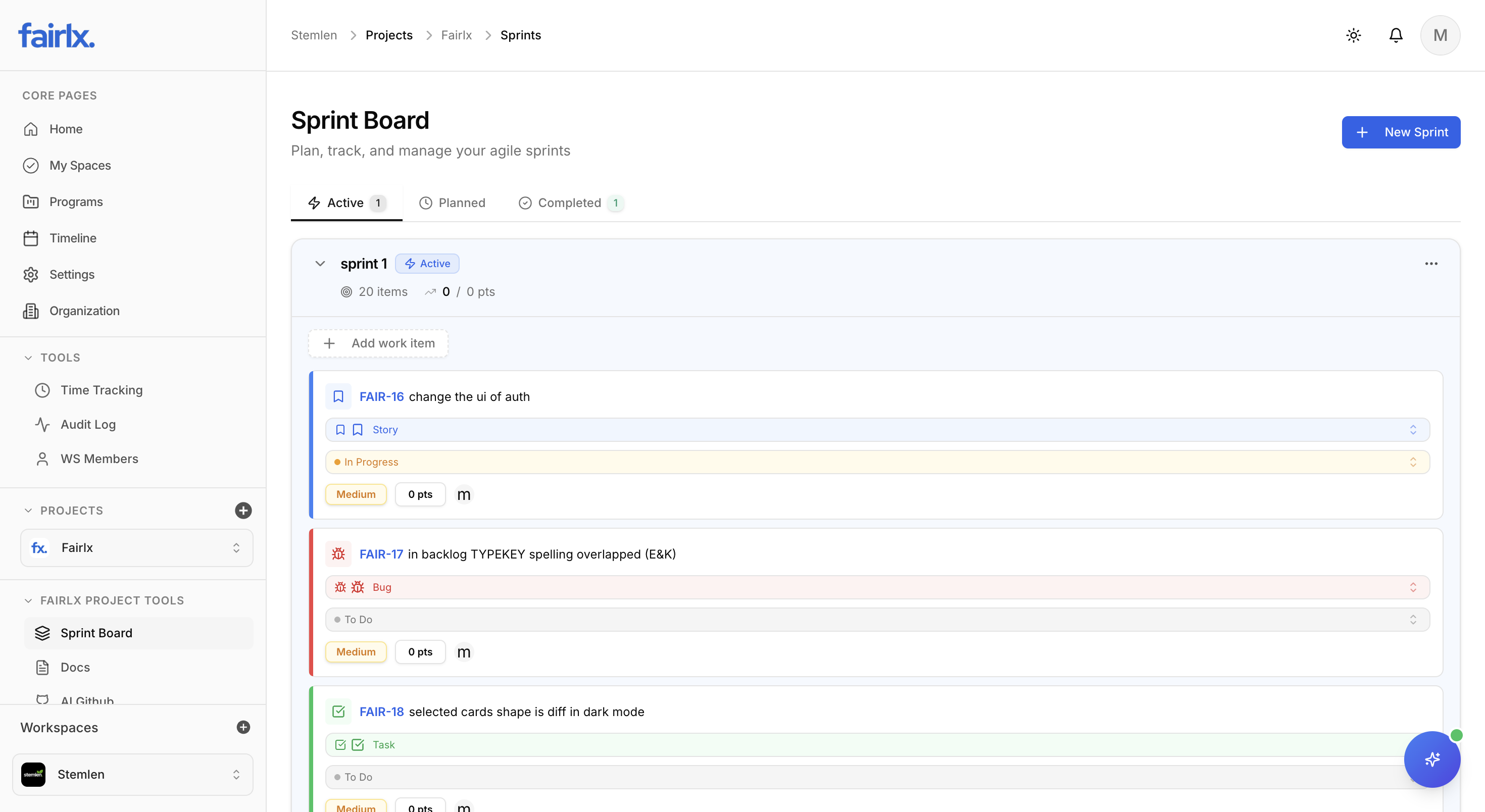 Sprint Board Interface - Light Mode